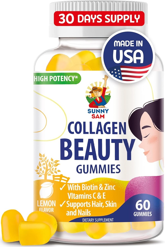 SUNNY SAM Gommies de collagène Biotine pour les femmes et les filles - Sucre faible 60 Gommies de collagène de beauté à croquer pour peau et ongles de cheveux améliorés - Biotine, vitamine A, supplément de zinc - Saveur de citron naturel