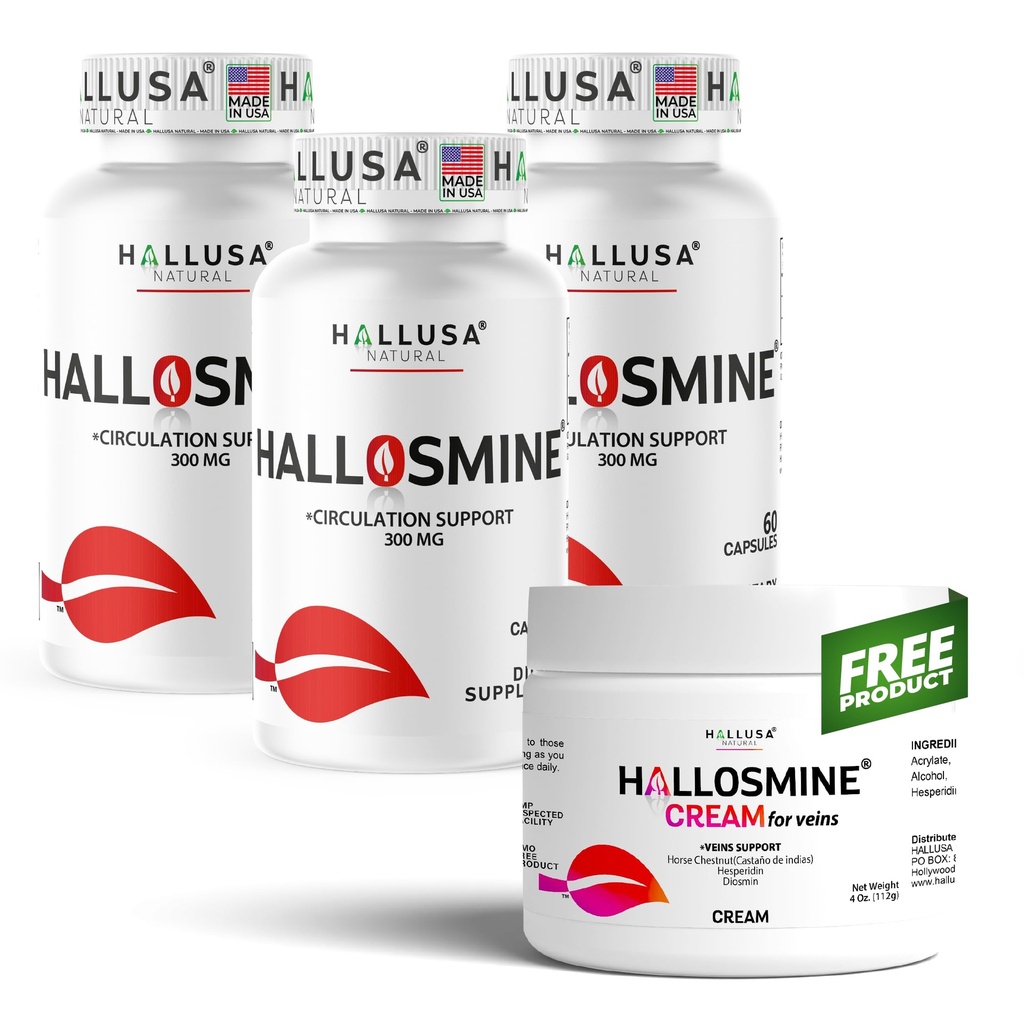 Hallusa Natural Hallosmine 300mg Diosmin, 180 Capsules + Crème de jambe libre avec Diosmin, Hespéridin et Châtaigne de cheval, 4 oz de supplément de circulation sanguine et de soutien de la veine, sans OGM, sans gluten