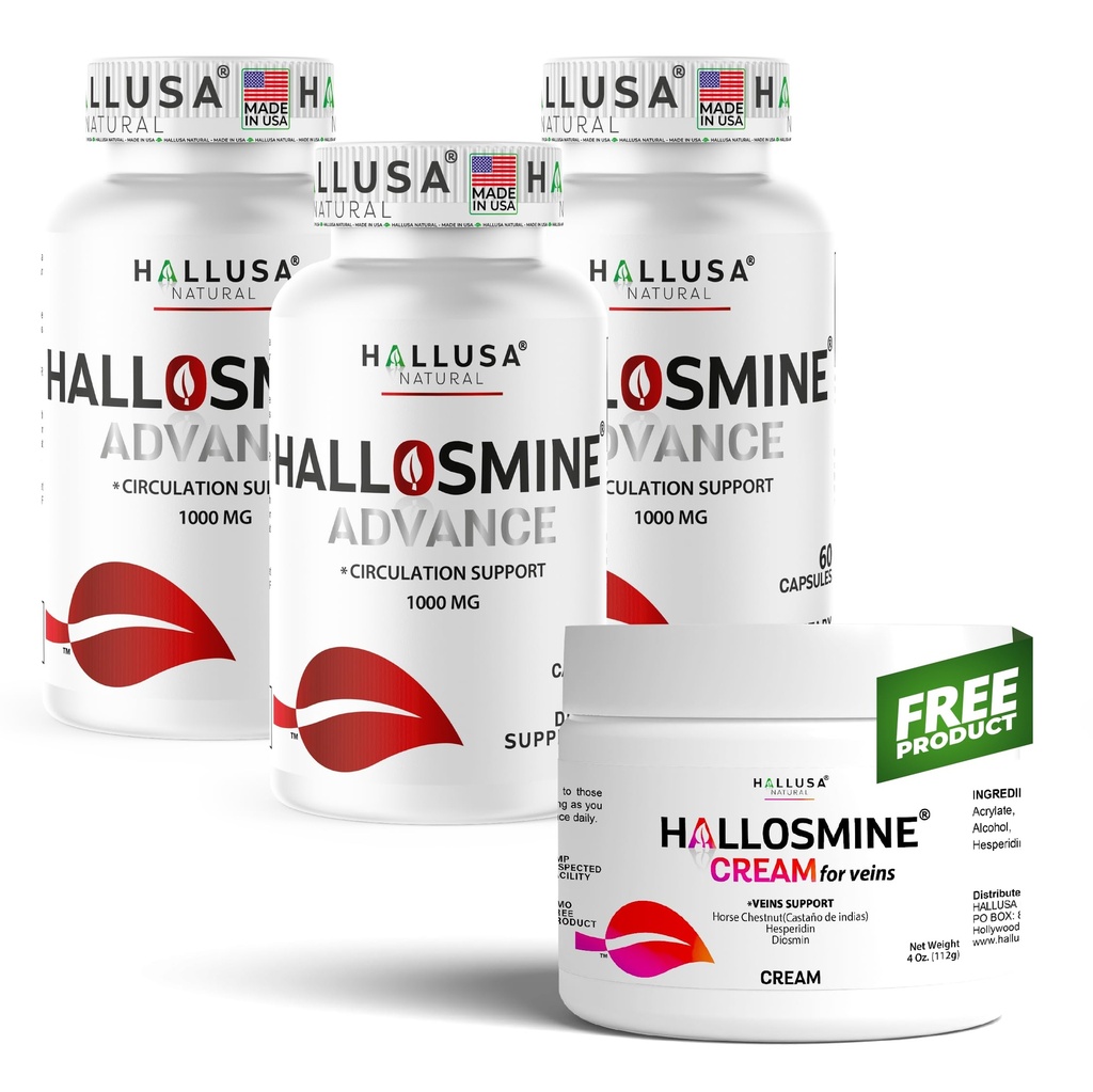 Hallusa Natural Hallosmine Advance 1000mg Diosmin, 180 Capsules + Free Leg Cream with Diosmin, Hesperidin & Horse Chestnut, 4 oz 
