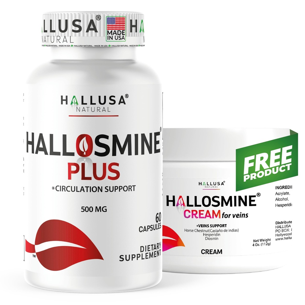 Hallusa Natural Hallosmine Plus 500mg Diosmin, 60 Capsules + Crème de jambe libre avec Diosmin, Hespéridin et Châtaigne de Cheval, 4 oz de la Circulation sanguine et supplément de soutien de la veine, sans OGM, sans gluten
