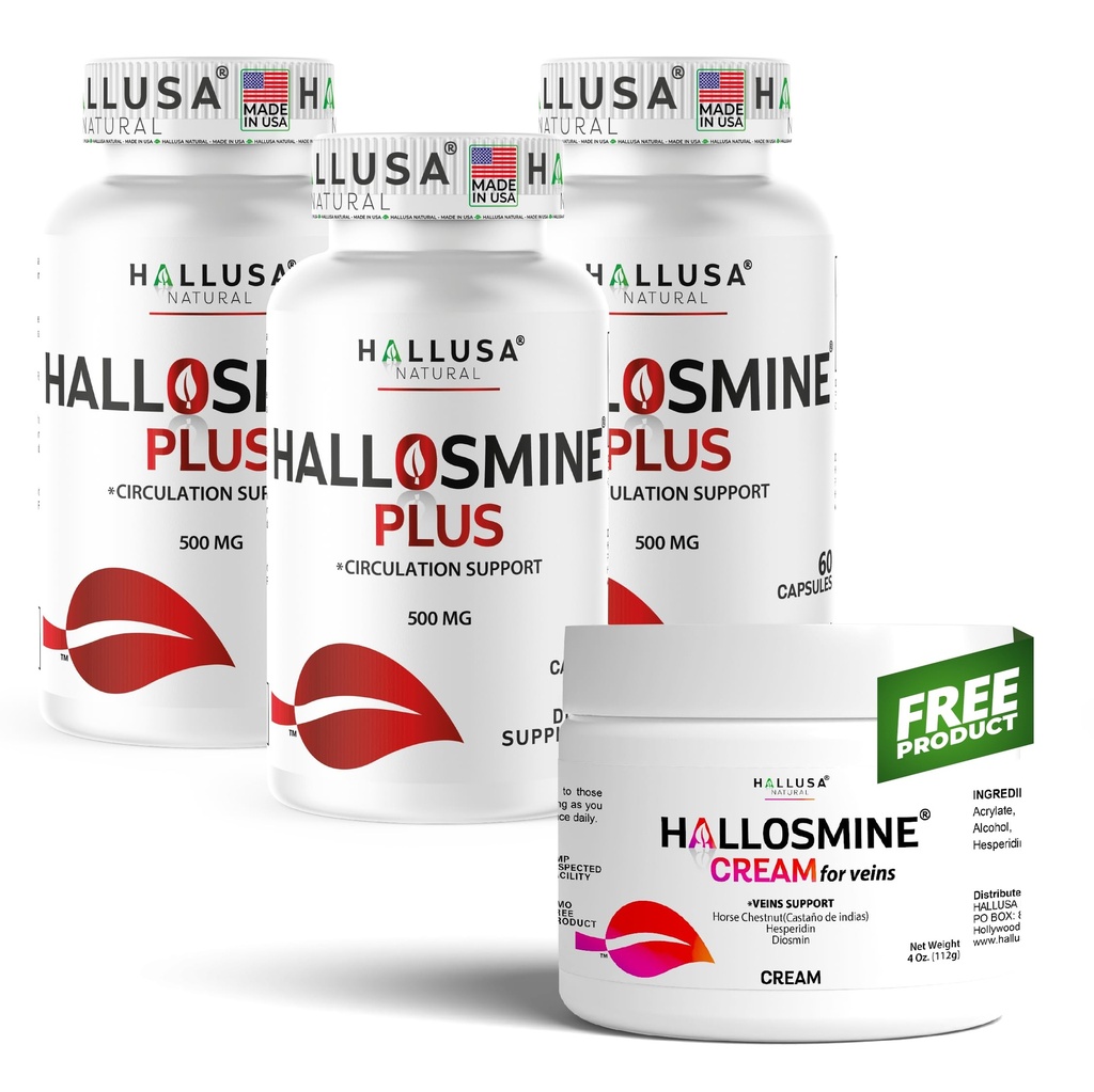 Hallusa Natural Hallosmine Plus 500mg Diosmin, 180 Capsules + Gratis Leg Cream met Diosmin, Hesperidin & Horse Chestnut, 4 oz Blood Circulatie & Vein Support Supplement, GGO-vrij, glutenvrij