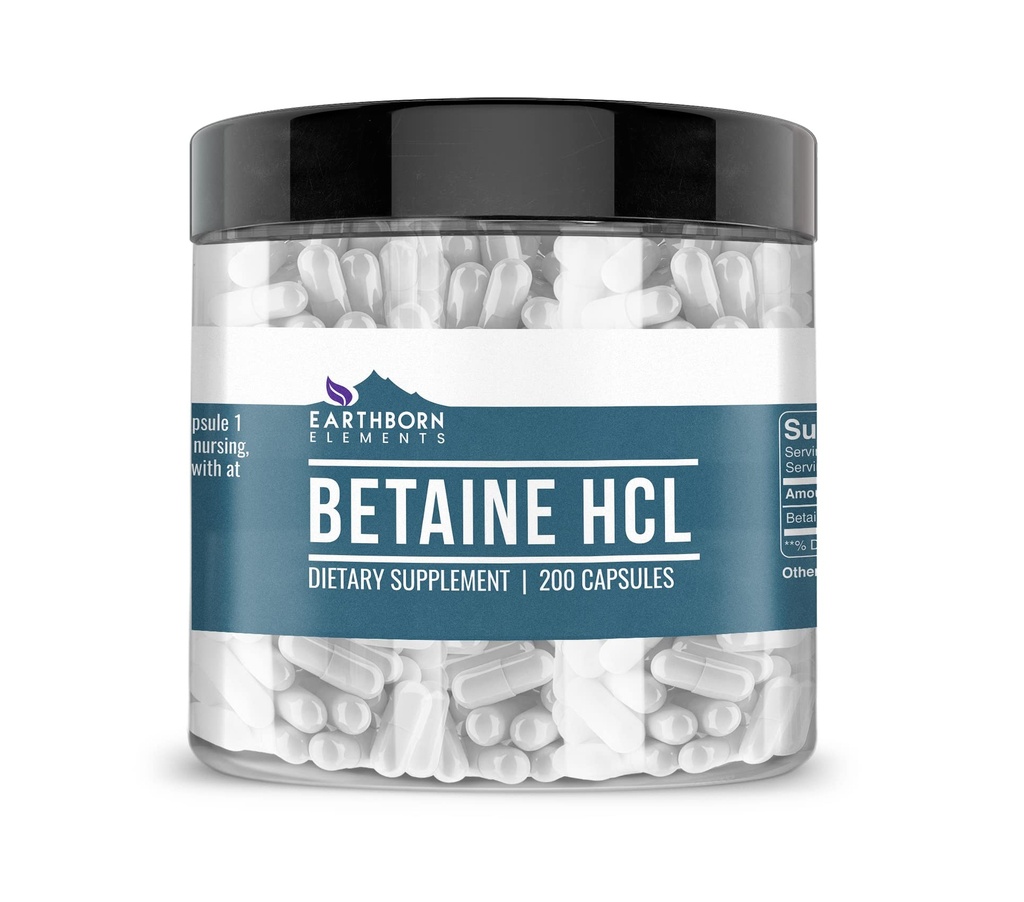 Earthborn Elements Betaine HCL, 200 Capsules, Lab-Tested, Geen Filler of Additieven