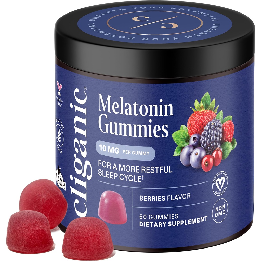 Cliganic Melatonine Gummies (10 mg, 60-dagen aanbod) - Adult Slaaphulp, Berry smaak, Vegan, Non-GMO, Kosher, Glutenvrije supplement, helpt Regulate Circadian Rhythm & bevordert vreedzame nachten