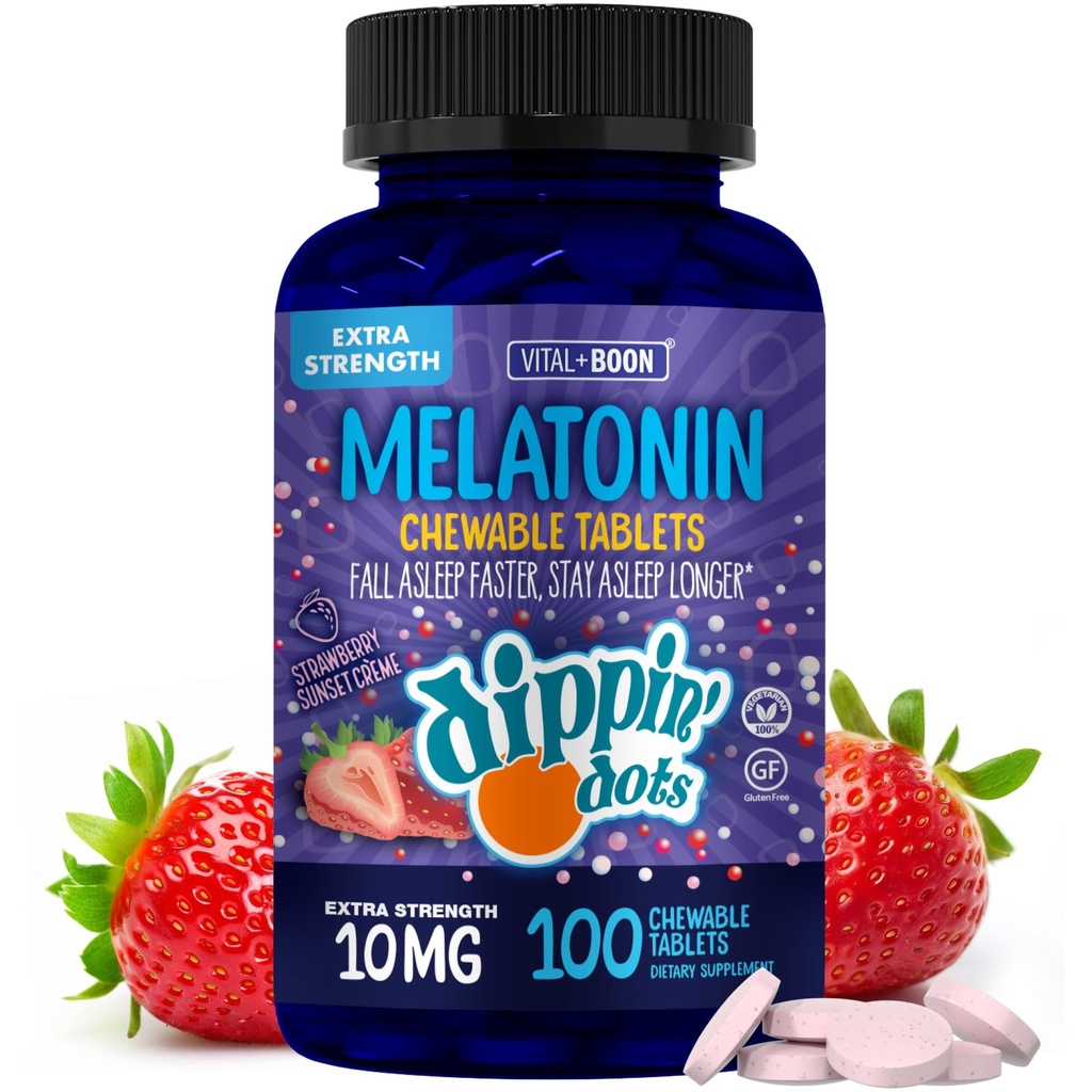 Dippin' Dots Chewable Melatonin 10mg – Melatonin 10 mg Tablets for Adults – Sugar Free – Strawberry Sunset Creme Flavor – Restful Sleep Support Supplement – Kosher, Gluten Free, Vegetarian (100 Count)