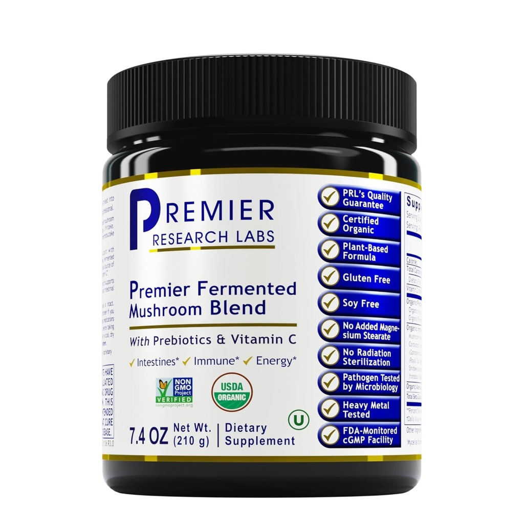 Premier Laboratoires de recherche Premier Mélange de champignons fermentés - Reishi Poudre de champignons, Extrait de champignons pour boissons, Café, Complexe de champignons avec la queue de dinde, Cordyceps pour la santé immunitaire et Gut - 7,4 oz