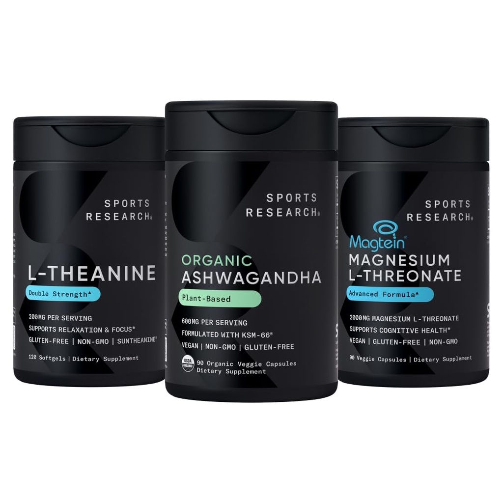 Sports Research® Sleep Pack - Organic Ashwagandha – Adaptogen for Relaxation, Calm & Sleep Support 600 mg + Magnesium L-Threonate Capsules 2000mg + L-Theanine 200mg