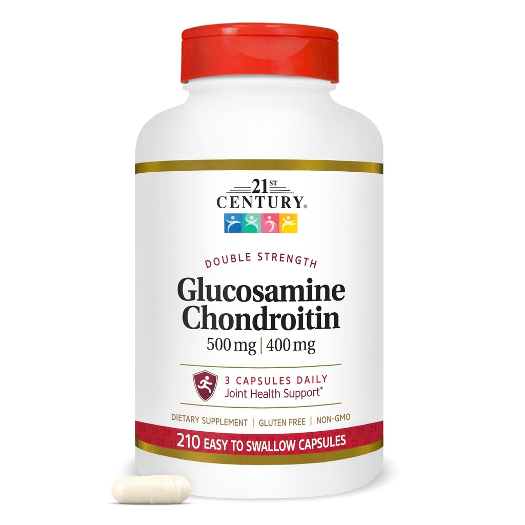 21st Century Double Strength Glucosamine Chondroitin (210 comte), supplément alimentaire pour la santé des articulations et du cartilage, soutient le mode de vie actif, non-OGM, supplément articulaire sans gluten pour les hommes et les femmes