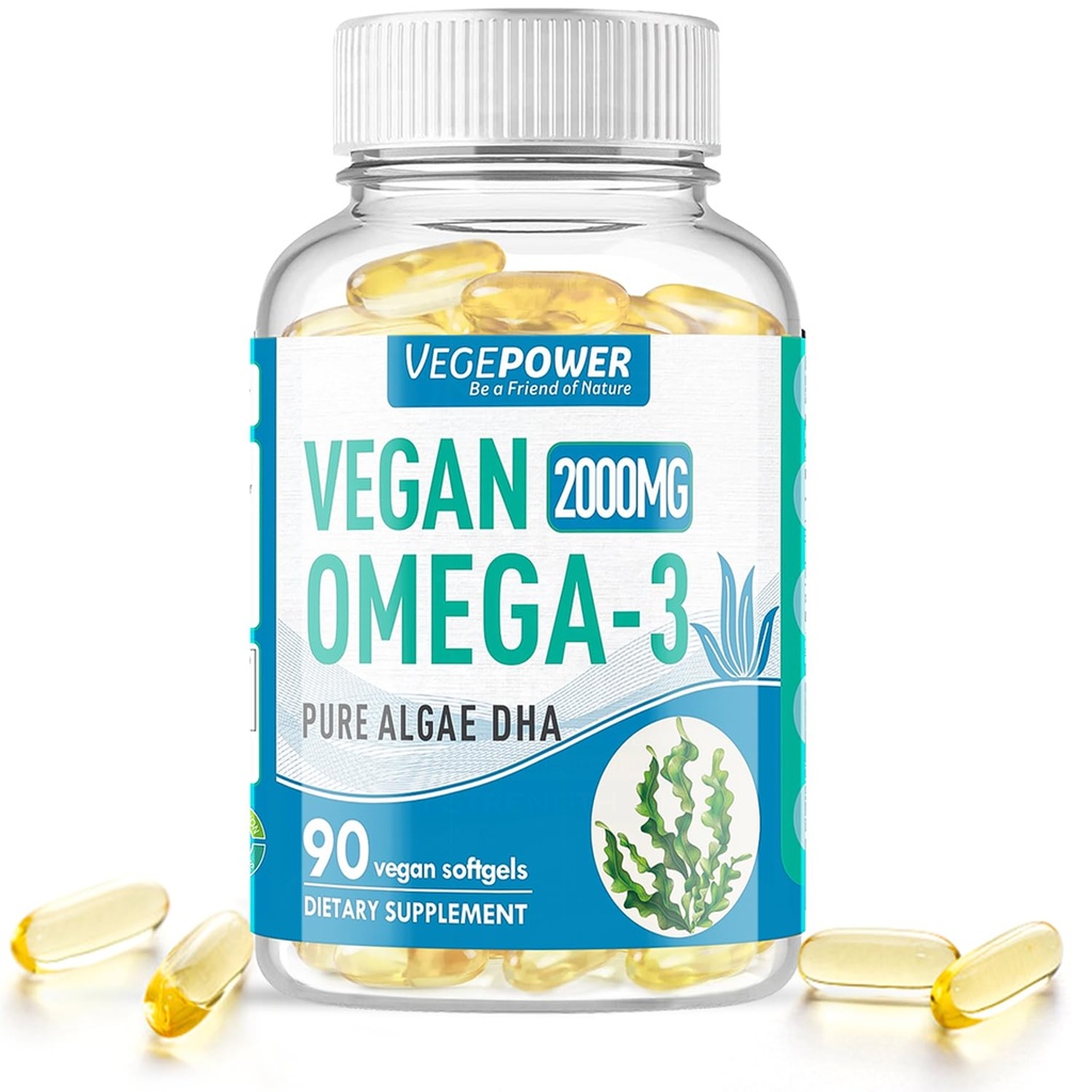 Vegan Omega-3 Algen DHA Supplementen - 2000mg Algenolie, Plant-Based Prenatale Algen DHA, 90 Carragenan Free Softgels -Duurzame Visolie Alternatieve Ondersteunt Hersenen, Hart, Ogen, Gezamenlijke Gezondheid