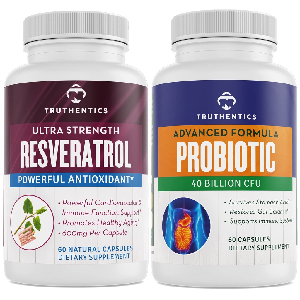 TRUTHENTICS Resveratrol with TransResveratrol + Advanced Probiotic Bundle - Healthy Aging, Heart, Immune & Digestive Support - Gluten Free, Non-GMO - Easy to Swallow Capsules