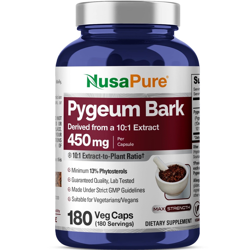 Pygeum Bark, Non-GMO, Vegan, 450mg, 180 Veg Capsules - 180 Servings | Botanical 10:1 Pygeum africanum, 13% Phytosterols, Suitable for Adults, Manufactured in cGMP Registered Facility USA
