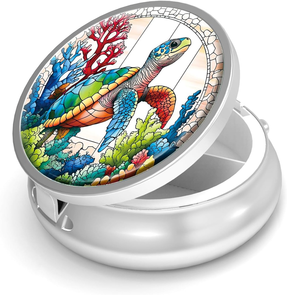 Pill Box-3 Compartiment petit cas de pilule pour la Purse & Pocket Mini Pill Holder Metal Travel Pill Container to Hold Suppléments Vitamines-free BPA (Sea Turtle)