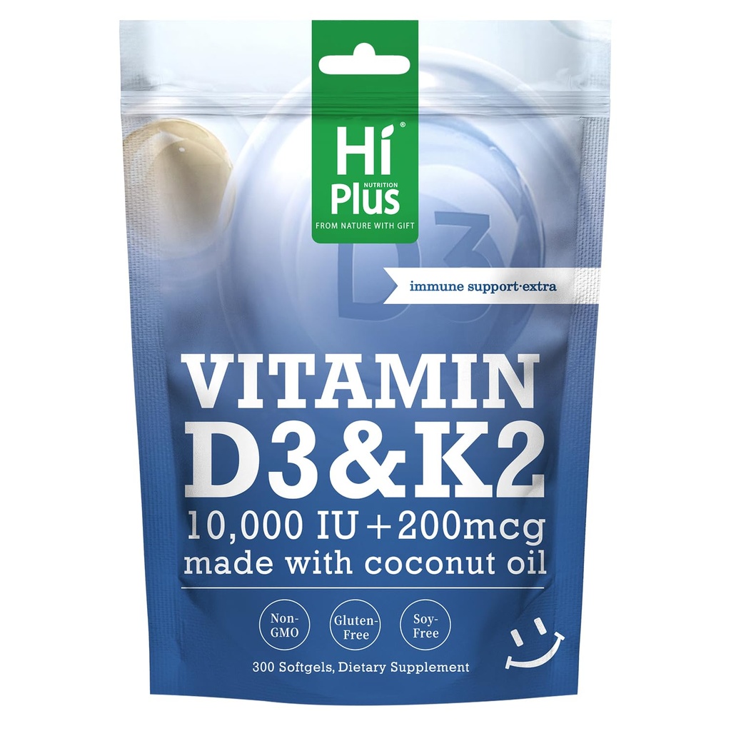 Vitamine D3 10 000 UI + K2 200 mcg, 300 softgels.Huile de noix de coco 2-en-1 Bone, Immune et soutien cardiaque.