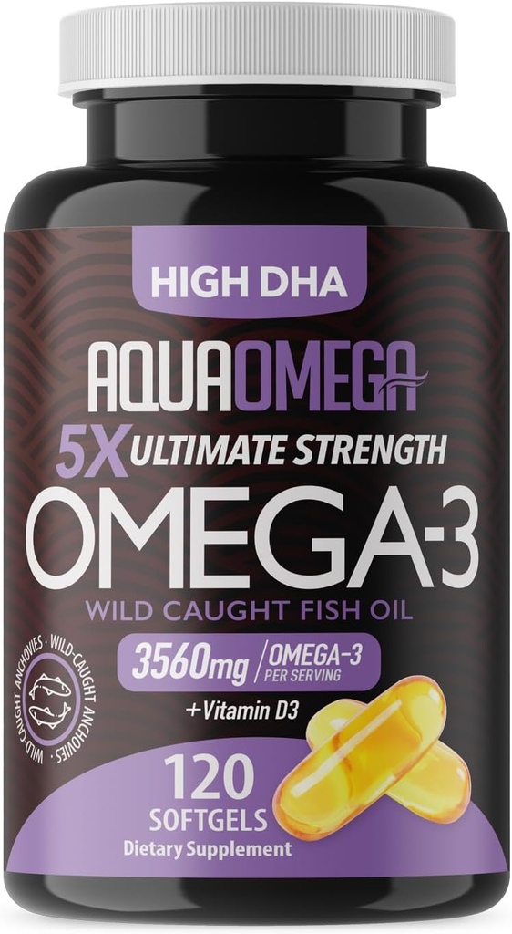 5X Ultimate Strength Omega 3 Visolie Supplementen met EPA en DHA Omega-3 Vetzuren en Vitamine D, Burpless Visolie Omega3 met hoge DHA Supplementen, Unflavored Omega3 Supplement, 120 Softgels