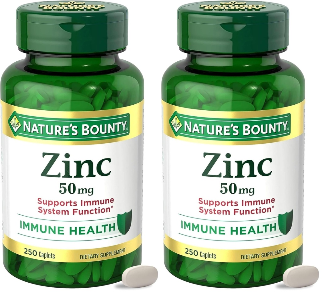 NatureS Bounty Zinc 50mg,Immune Support et Supplément Antioxydant,Promotion de la santé de la peau,1 Caplet par jour,Sans gluten,250 Caplets végétariens,(Pack de 2)