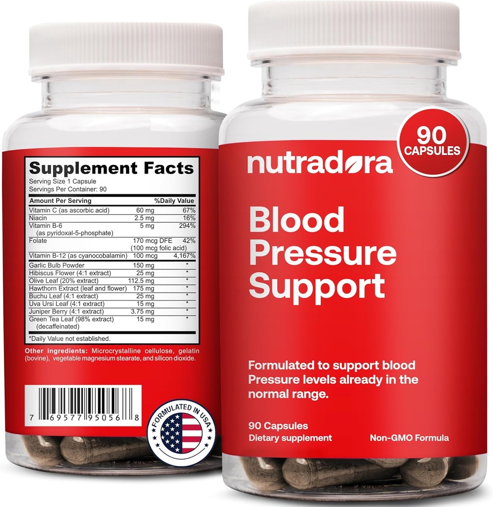 Blood Pressure Support Supplement met Hawthorn, Hibiscus & Knoflook Extract 