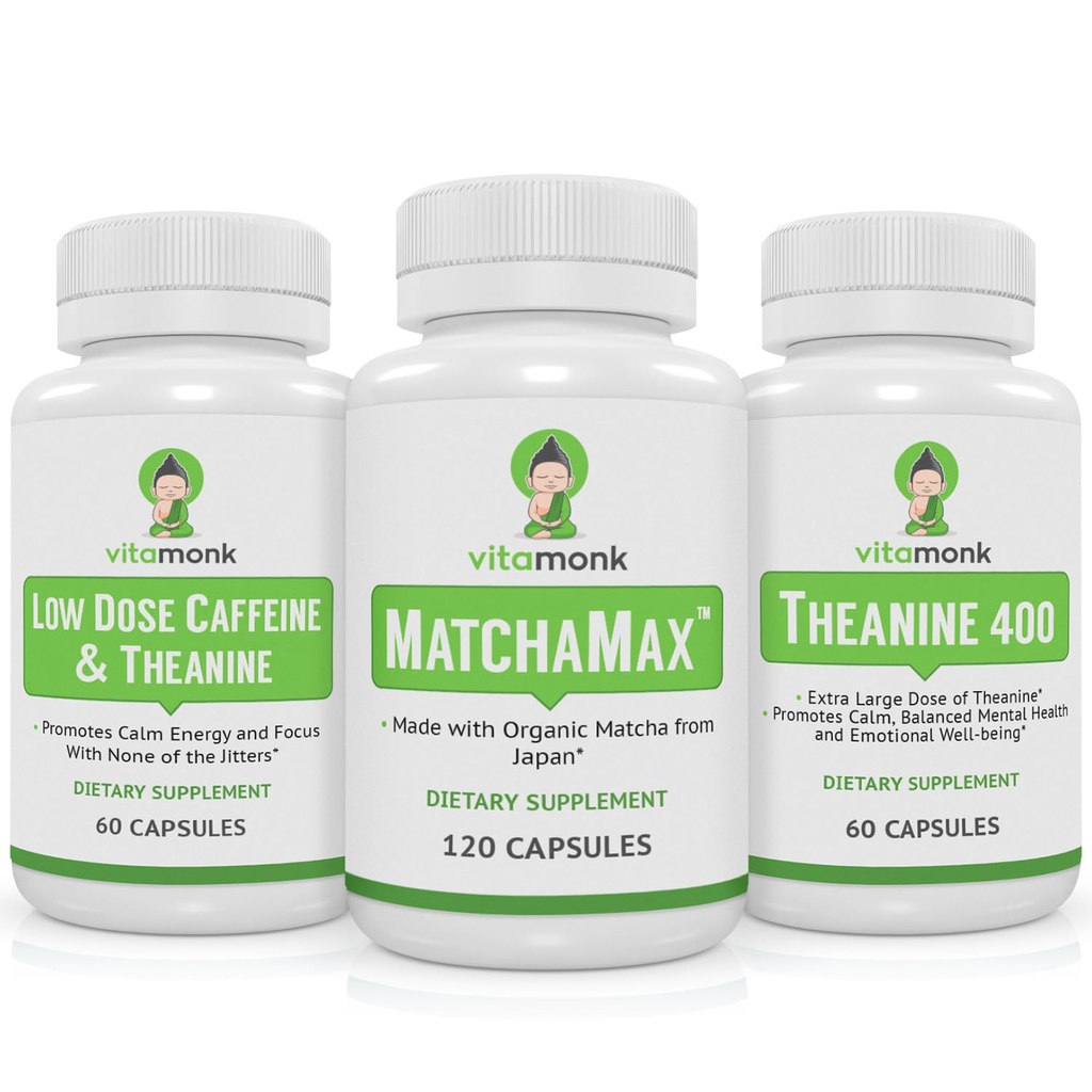 VitaMonk Matcha, lage dosis Cafeïne en Theanine Bundle - Kalm, gerichte energie zonder de Jitters
