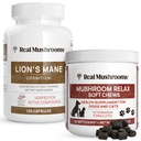 Véritables champignons Lion (120ct) & Champignons Animaux Relax Chews (60 Chews) - Ensemble pour la cognition et la relaxation - Vegan, Non-OGM, Sans gluten, Sans grains Extraits de champignons