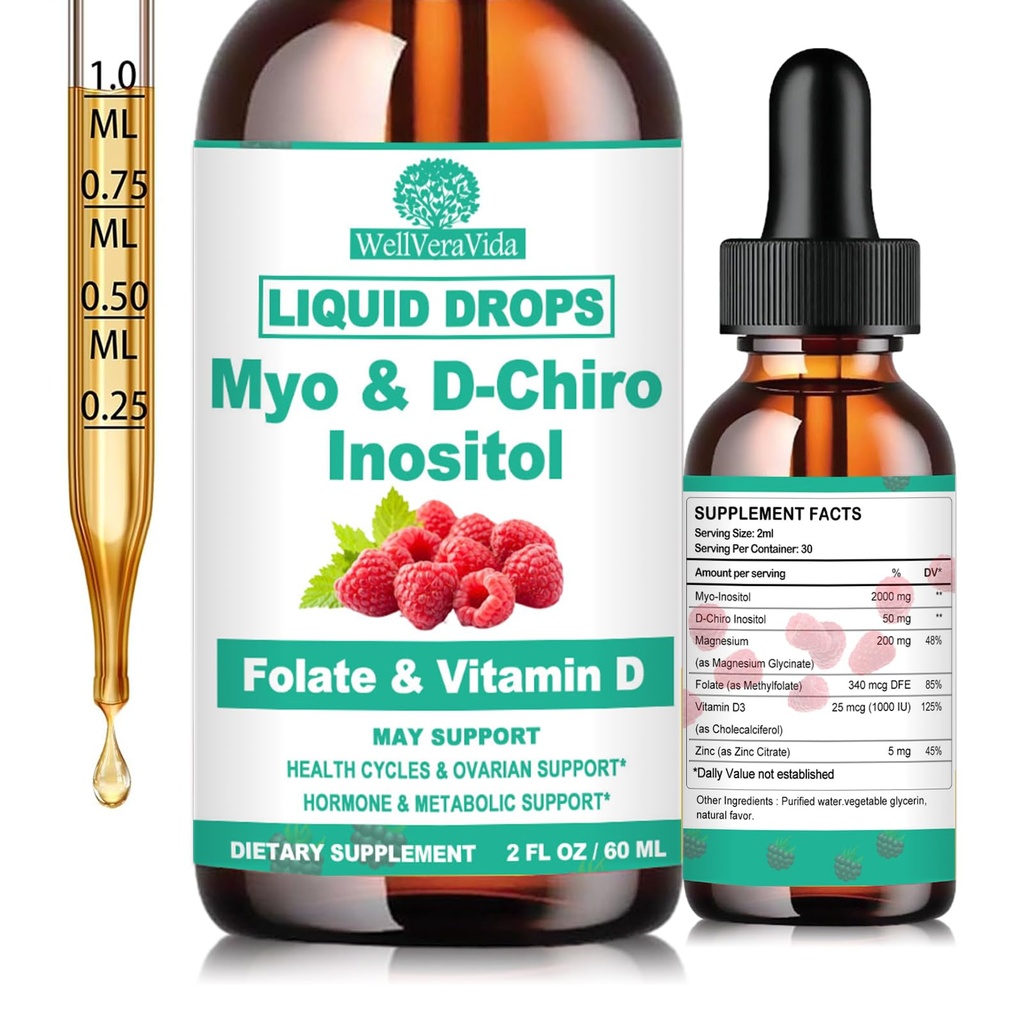 Myo Inositol & D-Chiro Inositol Supplement Liquid for Women- Ideal 40:1 Ratio Inositol Drops with MTHF Folate, Magnesium, Vitamin D, Supports Hormone Balance, Regular Cycles & Ovarian Health丨Vegan