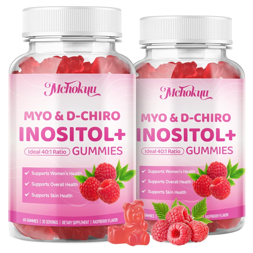 Myo-Inositol & D-Chiro Inositol Gummies, Ideal 40:1 Ratio Supplement for Women with Vitamin D3 & B12 for Support Hormonal Balance & Wellness, Sugar Free, Raspberry, 120 Count