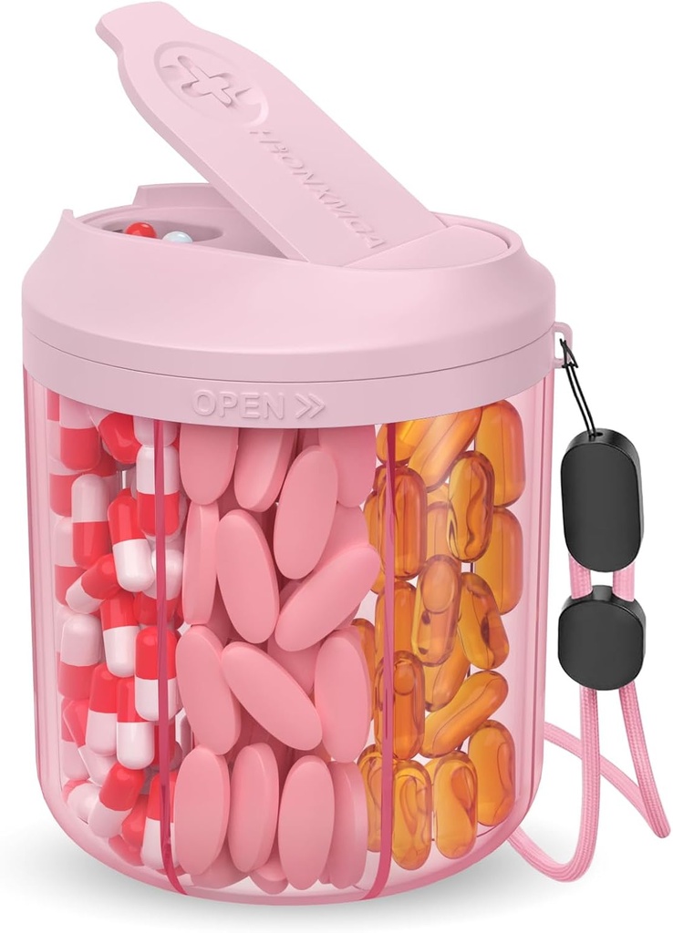 Distributeur de pilules avec 7 grands compartiments, 4,4" H x 3,6" Dia Pill Organisateur pour les voyages, organisateur supplémentaire avec conception anti-mixante, conteneur de pilules sans BPA avec étiquettes 20 Pcs, rose