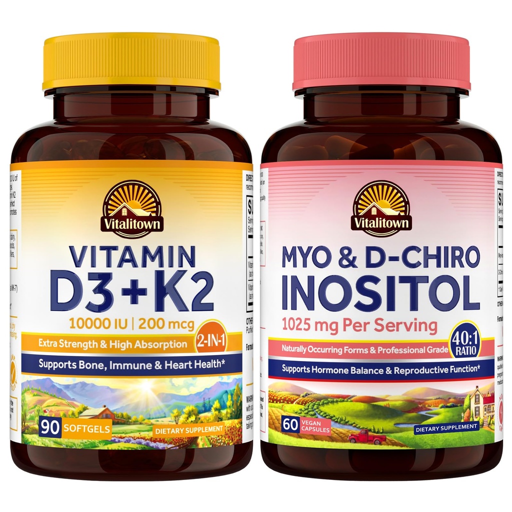 Vitalitown D3 K2 & Inositol Bundle - Vitamin D3 10000 IU + K2 MK7 200mcg + Myo-Inositol & D-Chiro for Women, Immune Support & Hormone Balance, Non-GMO