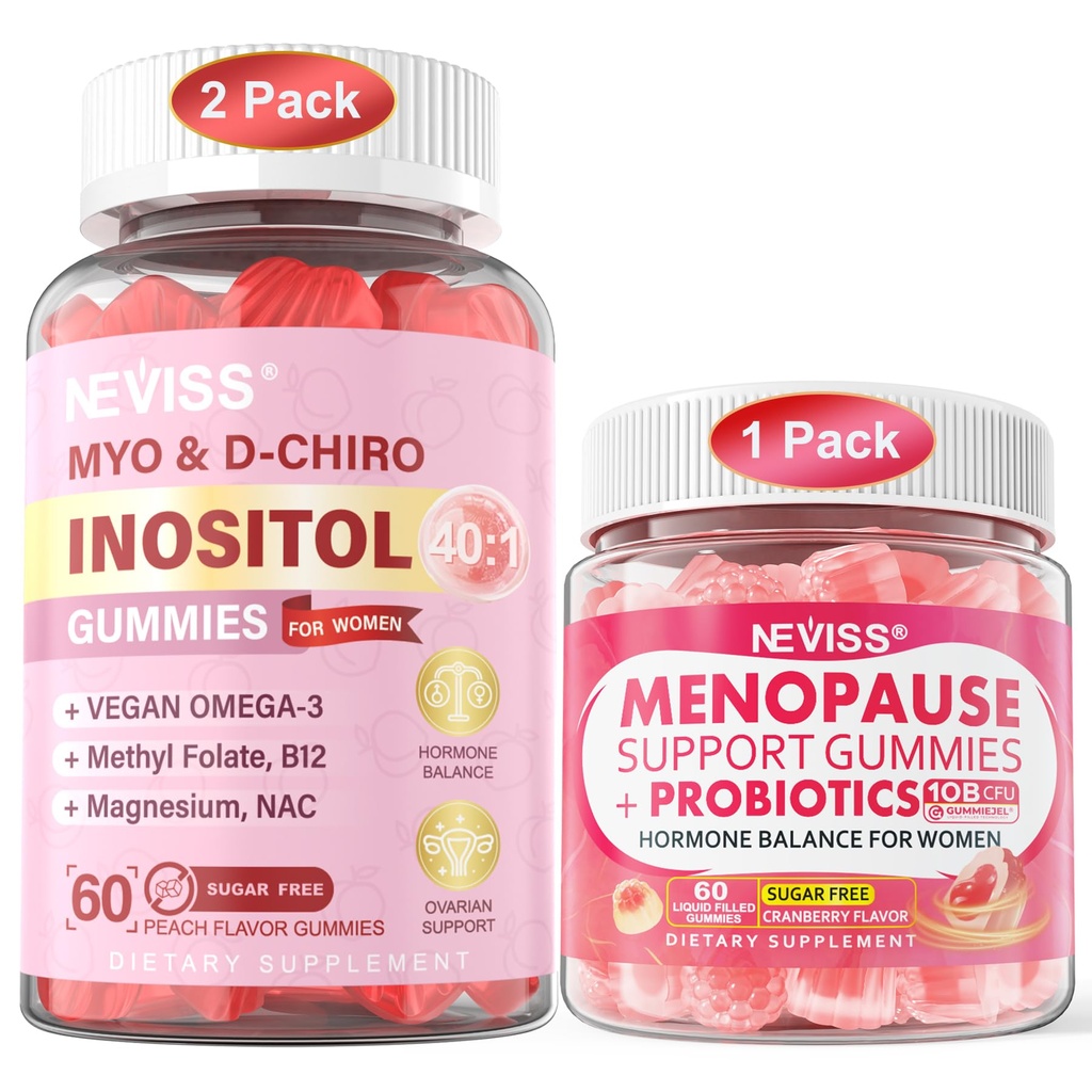 NEVISS 2 Pack Myo-Inositol & D-Chiro Inositol Gummies & 1 Pack Menopause Supplement Filled Gummies