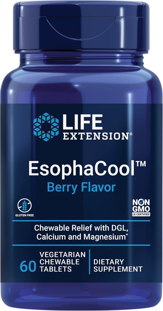 Prolongation de vie EsophaCool - Suppléments de santé de Gut avec le calcium, le magnésium et l'extrait de racine de réglisse DGL pour une digestion saine Soulagement de l'estomac et équilibre PH - Sans gluten, végétarien - 60 comprimés à croquer