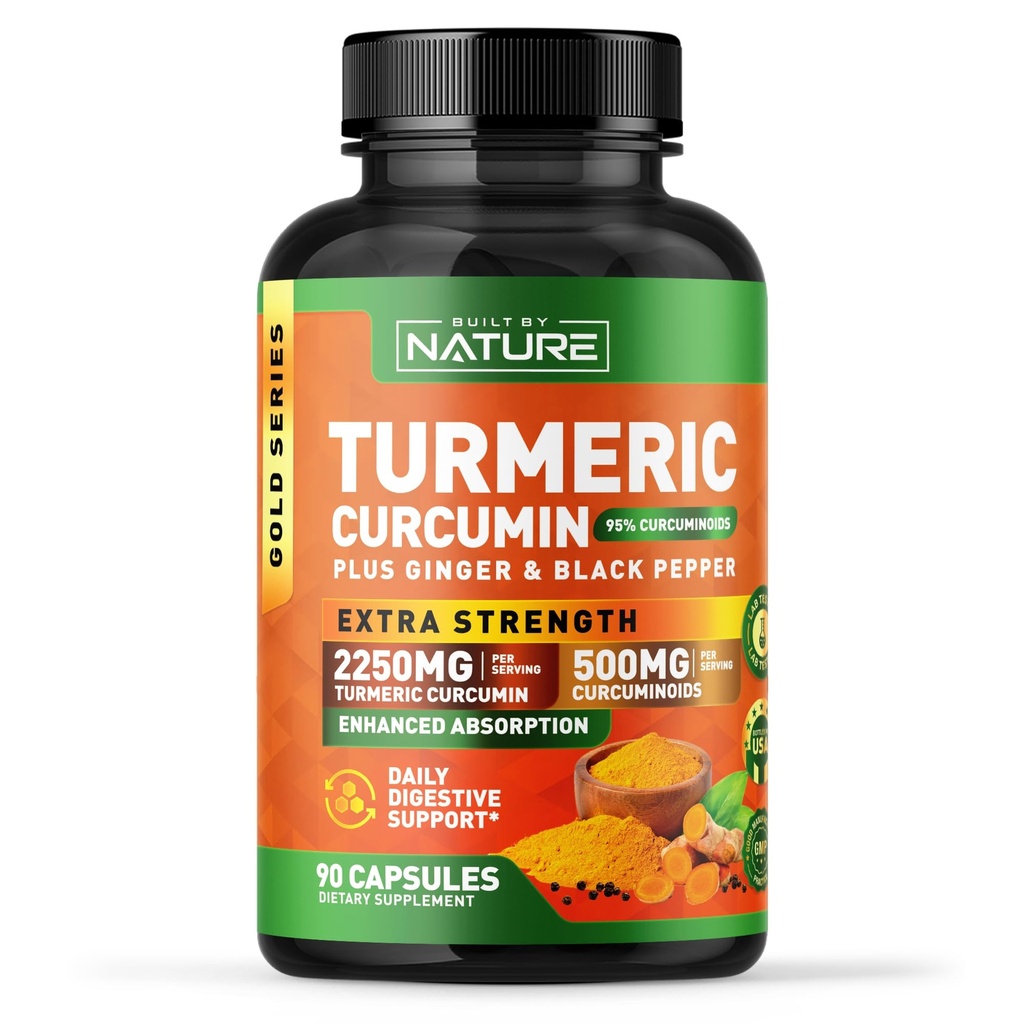 Built by Nature Turmeric Curcumin 2250mg – 95% Curcuminoids with Ginger & Black Pepper for High Absorption – Extra Strength Joint Support – Non-GMO, Vegan - 90 Capsules