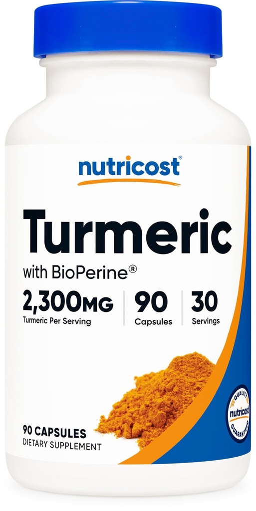 Nutricost Turmeric with BioPerine 90 Capsules for 30 Servings Per Bottle - Turmeric Extract Made with 95% Curcuminoids, Includes BioPerine Black Pepper Extract, Vegan, GMO-Free