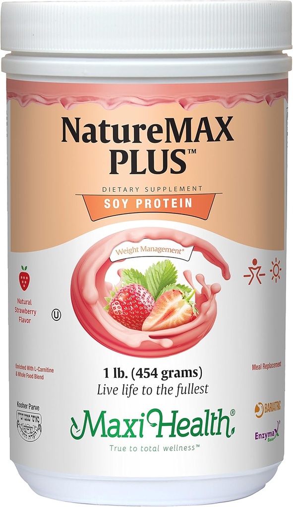 Maxi-Health NatureMAX PlusTM Energy Support Drink Soy Protein Powder - Sugar Free Diet Supplement - 20g Proteïne Per Serving - Natuurlijke aardbeiensmaak - Kosher Vitamine - 1lb
