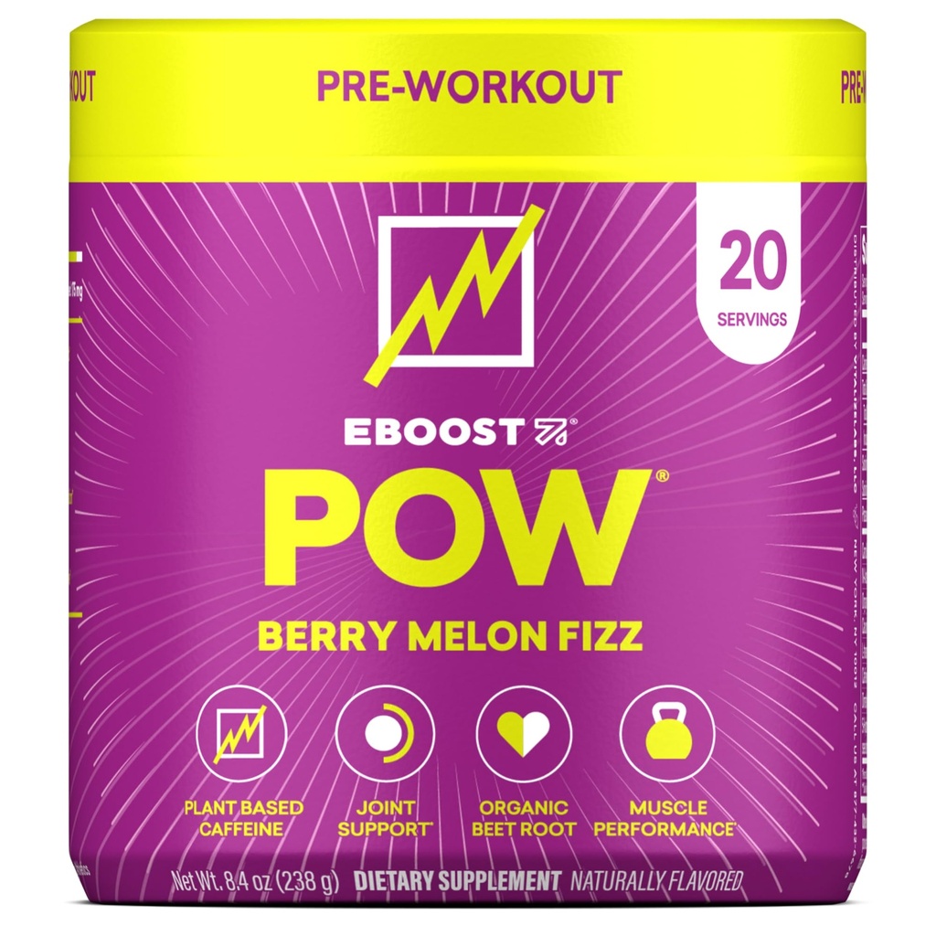 EBOOST POW Natural Pre Workout Powder - 20 Servings - Berry Melon Fizz - Pre Workout Supplement voor prestaties, gezamenlijke mobiliteit ondersteuning, energie, focus - Mannen & vrouwen - niet-GMO, Glutenvrije, Geen Creatine