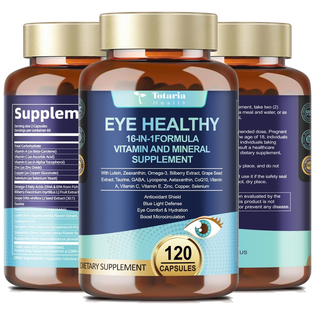 AREDS 2 Oogvitaminen en minerale bosbessen Extract Omega-3, Oogvitamine voor Senioren Maculair Gezondheid en Droge Oog, Oog Vitaminen Luteïne en Zeaxanthine Ondersteuning Oog Strain en Hydratatie (120 Capsules)