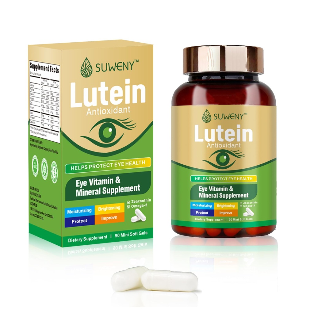 Lutein Oogvitaminen Supplement voor volwassenen - 90 Capsules, Ondersteunt Ooggezondheid met Zeaxanthine, Zink, Vitaminen C & E, Veganistische Formule voor Blauw Licht Bescherming & Macula Ondersteuning (1)