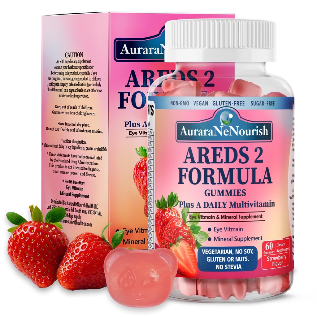Areds 2 + Advanced Formula for MacularHealth, 22-in-1 Eye Vitamin & MineralSupplement w. Zeaxanthin, Zinc &Vitamin C Supports Eye Strain, Pressure,Night Vision, 60 Chewable Gummies