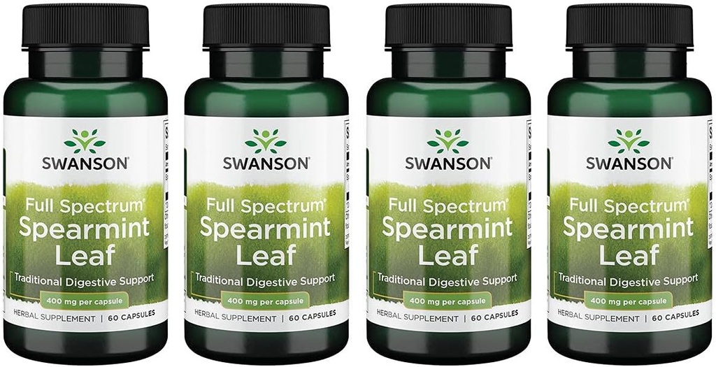Swanson Spearmint Leaf (Mentha Spicata)-Volledig Spectrum Kruidensupplement Ondersteuning van de spijsverteringsgezondheid '&' Mild Maagproblemen - (60 capsules, 400 mg Elke) 4 Pack