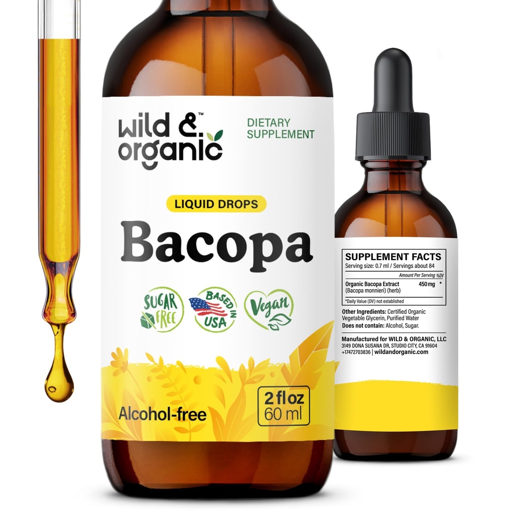 Wild & Organic Bacopa Tinctuur - Ondersteunt Kalm, Focus, Helderheid - Bacopa Monnieri Supplement Liquid - Alcoholvrije druppels met Brahmi Extract - Vegan, Sugar-Free - 2-maand levering - 2 fl oz