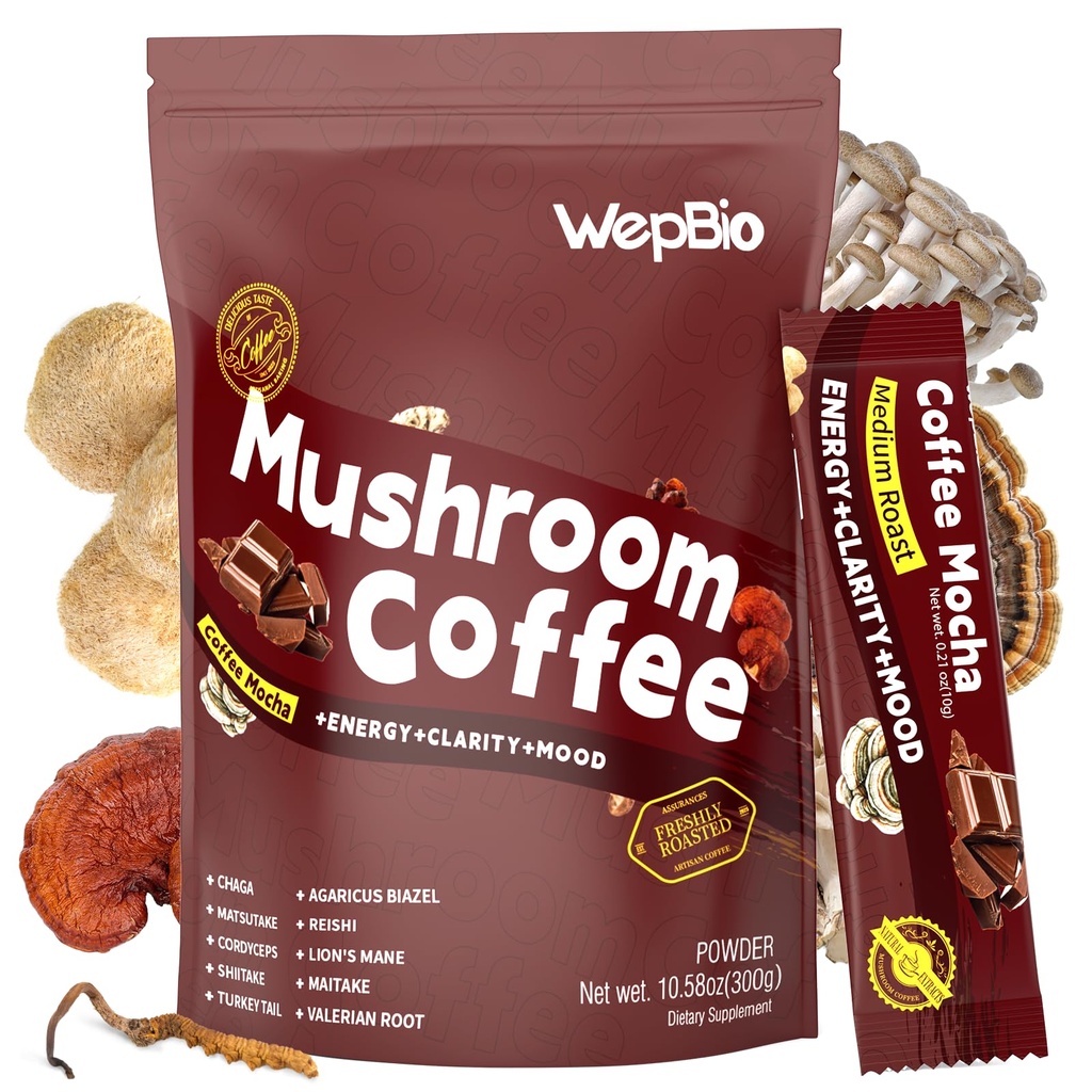 Mushroom Coffee Mocha 11 in 1 Adaptogenic Mushroom Blend with Ashwagandha KSM-66,Lions Mane,Reishi,Turkey Tail Instant Mushrooms Coffee for Boost Energy,Focus,Sugar-Free,30 Servings