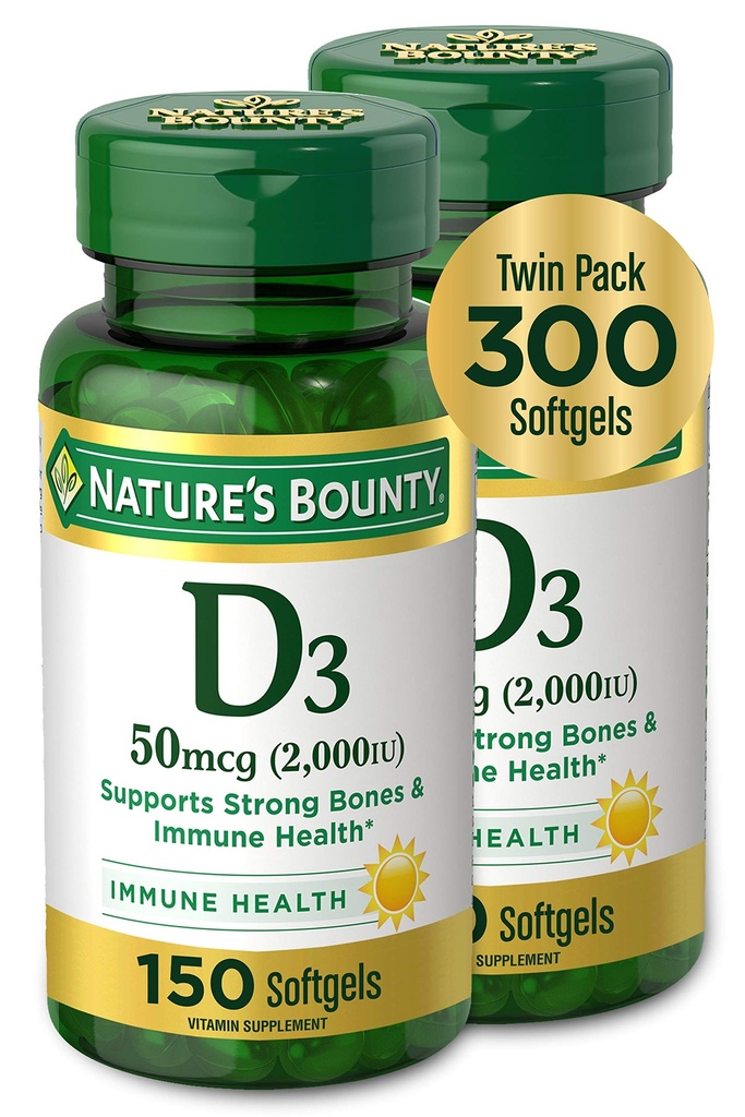 Nature's Bounty Vitamine D3, Ondersteunt Immune System en Bone Health, 50mcg, 150 Softgels (Pack of 2)