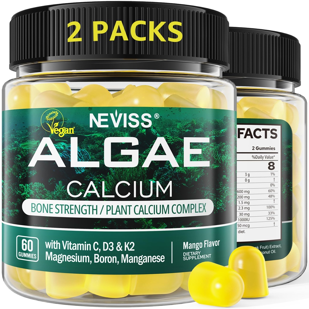 (2 Pack) Calcium Gummies for Women, Sugar Free Calcium Supplement from Sustainable Algen (3rd Party Tested) with Vitamin D3 K2, C, Zink, Boron, Mangaan for Bone Strength, Calcium Absoltion, Vegan