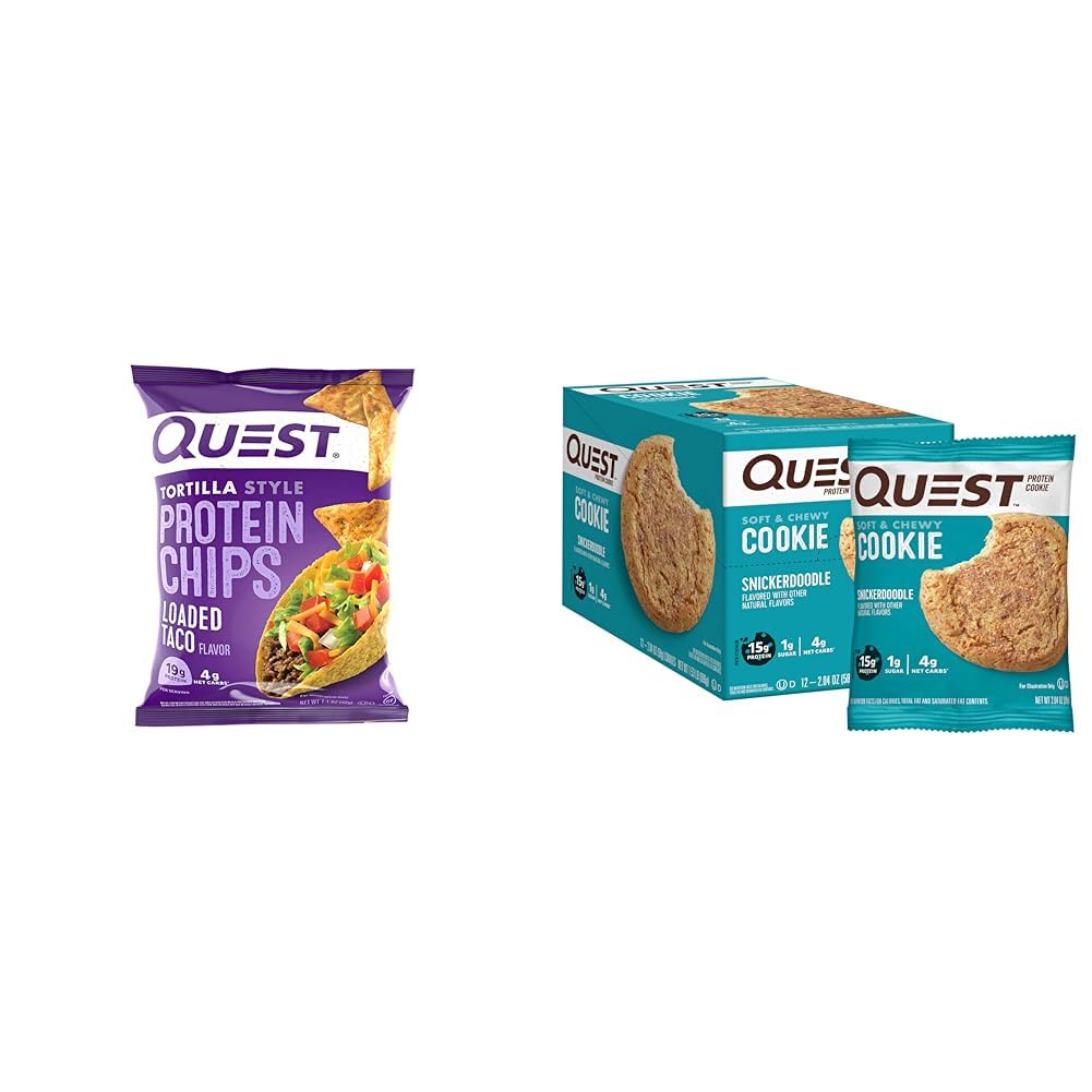 Quest Nutrition Protein Chips & Cookies Bundle - Loaded Taco Tortilla Chips (12 Pack) and Snickerdoodle Cookies (12 Count)