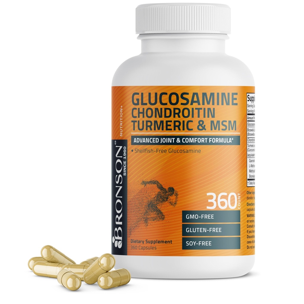 Bronson Glucosamine Chondroitin Turmeric & MSM Advanced Joint & Cartilage Formula, ondersteunt gezonde gewrichten, mobiliteit en cartilage - niet-GMO, 360 capsules