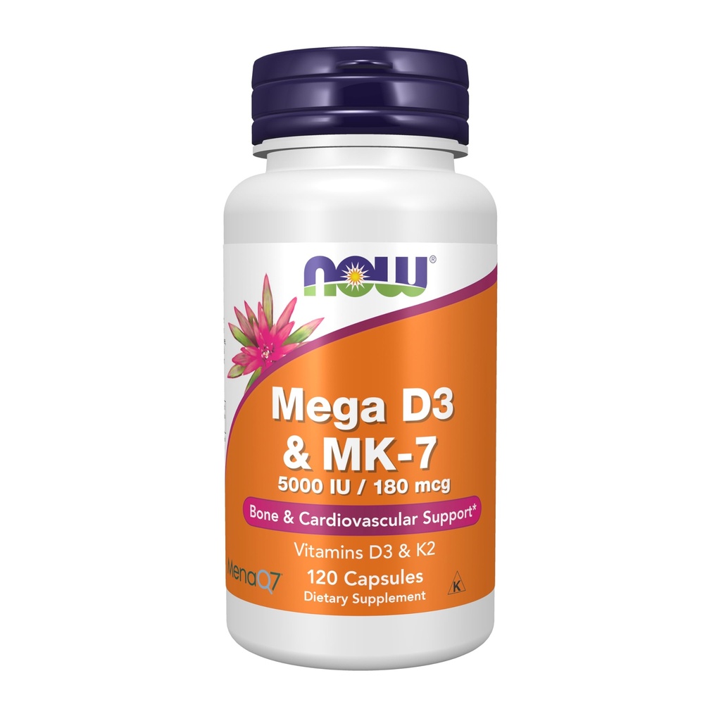 NOW Supplementen, Mega D-3 & MK-7, 5000 IE / 180 mcg, Bone & Cardiovasculaire ondersteuning*, Vitaminen K-3 & K-2, 120 Capsules