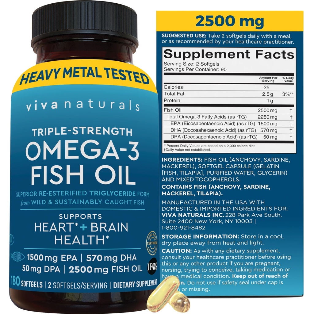 Triple Strength Omega 3 Fish Oil Supplement voor mannen en vrouwen 2.000 mg High-Potency, Easy-to-Absorb Re-geprefabriceerde triglyceride vorm, Pescatarian-Friendly DPA EPA DHA Omega 3 Supplement, 180 Softgels