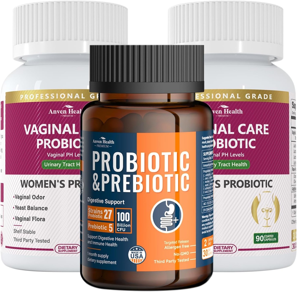 Vaginale Probiotica + 100 Miljard Probiotica met Biologische Prebiotica voor Gut Digestieve & Immune Health Bundle 