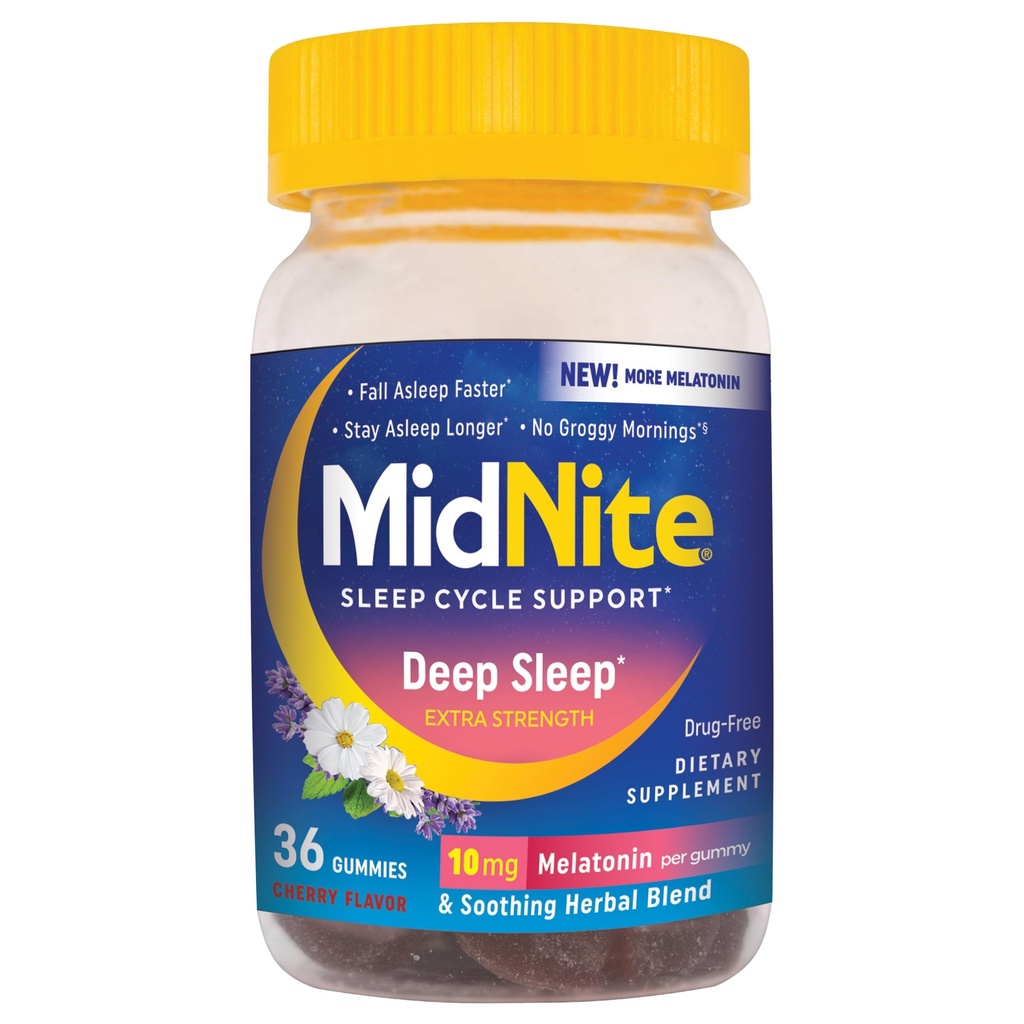MidNite Diepe Slaap Extra sterkte, 10 mg Melatonine Slaaphulp, Niet-bewoonbare vorming, Kruiden Dieetsupplement voor volwassenen, Drugvrij, Glutenvrij, Lactosevrij, Vegetarisch-vriendelijk, 36 Gummies