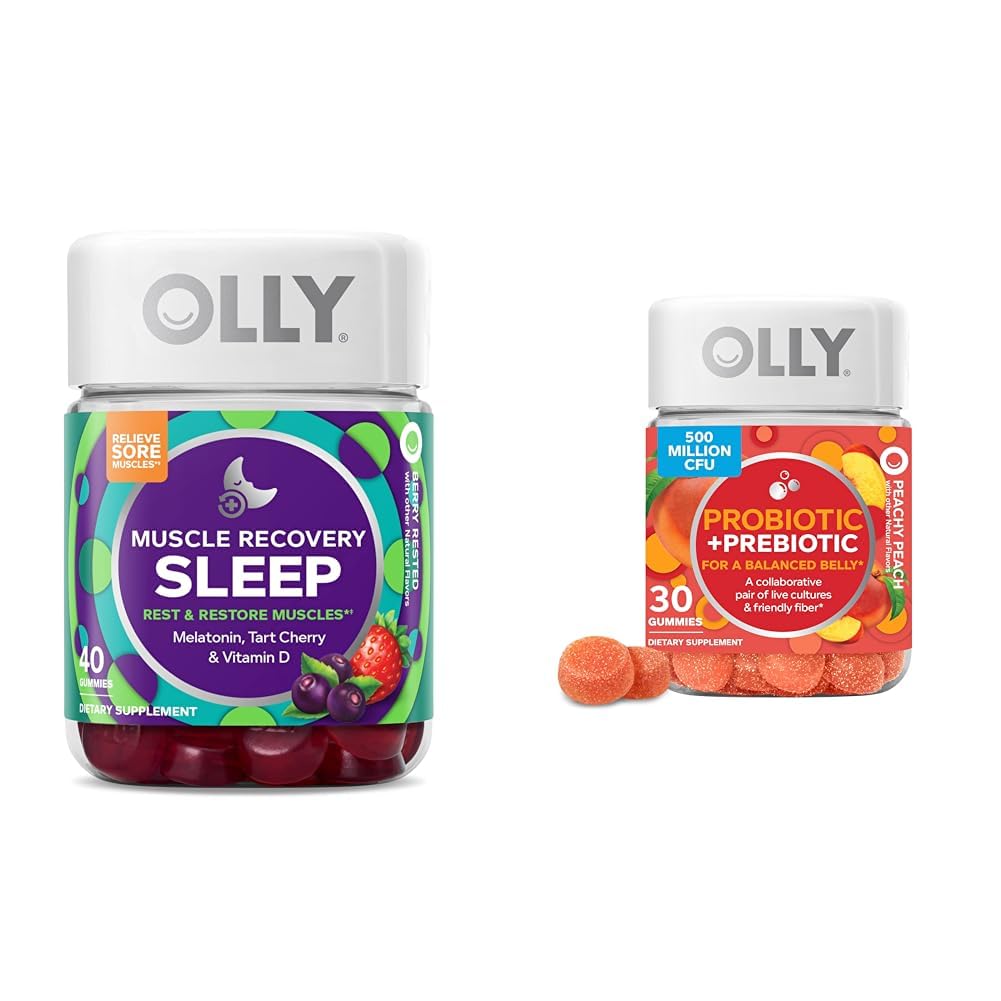 OLLY Muscle Recovery Sleep Gummies, Sleep and Sore Muscle Support, 3mg Melatonin, Tart Cherry & Probiotic + Prebiotic Gummy, Digestive Support and Gut Health, 500 Million CFUs, Fiber