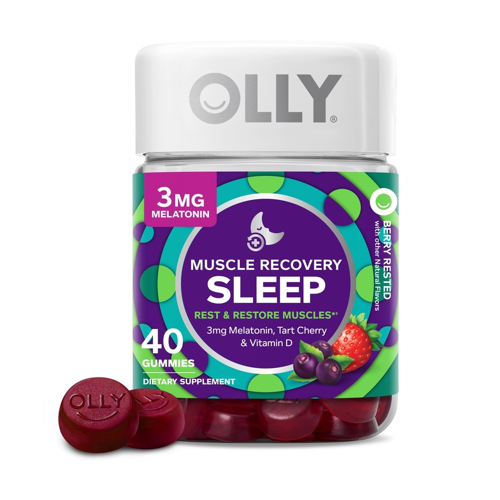 OLLY Extra Strength Sleep Gummy with Melatonin, L-Theanine, Chamomile, Lemon Balm, BlackBerry Flavor - 50 Count & Muscle Recovery Sleep Gummies with Melatonin, Tart Cherry, Vitamin D, Berry Flavor - 40 Count Bundle