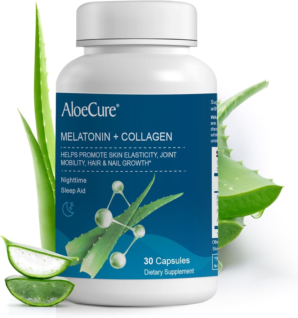 AloëCure Natuurlijke Melatonine + Collageen met biologische Aloë Vera - Natuurlijke slaaphulpsupplement voor rustgevende nachten - Collageen Complex voor gezamenlijke sterkte, huidelasticiteit, haar & nagelgroei, 30 capsules