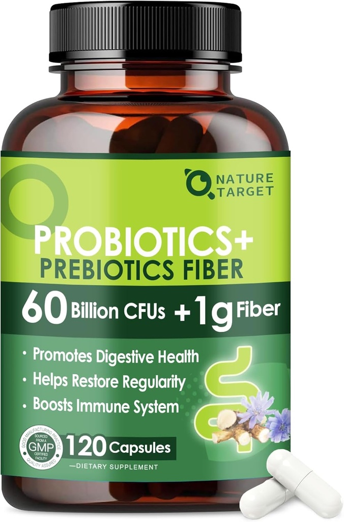 Probiotica voor vrouwen en mannen Digestieve gezondheid met prebiotische vezels - vezelsupplement met 60 miljard Probiotica voor regularity & Gut Cleanse - Ondersteunt incidentele constipatie - 120 Veggie Capsules