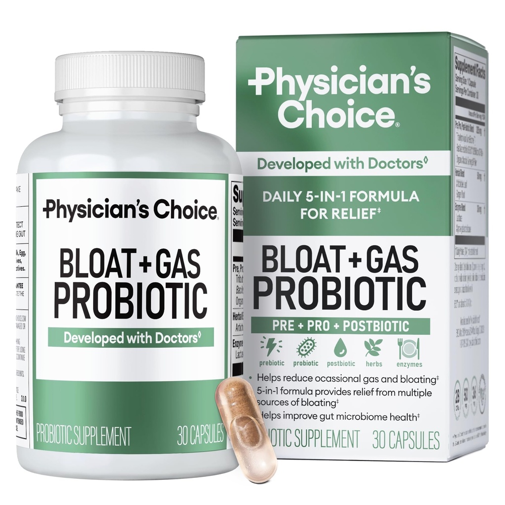 KEUZE voor artsen Bloat & Gas Probiotic 5-in-1 Proactieve ondersteuning + dagelijkse verlichting - Digestie & Gut Health - Kruiden, spijsverteringsenzymen, post & prebiotica - Gasrelief voor volwassenen - Vrouwen & mannen - 30ct